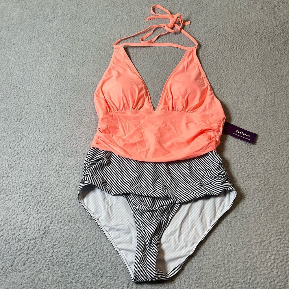 Holipick Swimsuit Womens L Peach Black Sleeveless Lace One Piece Bikini NEW